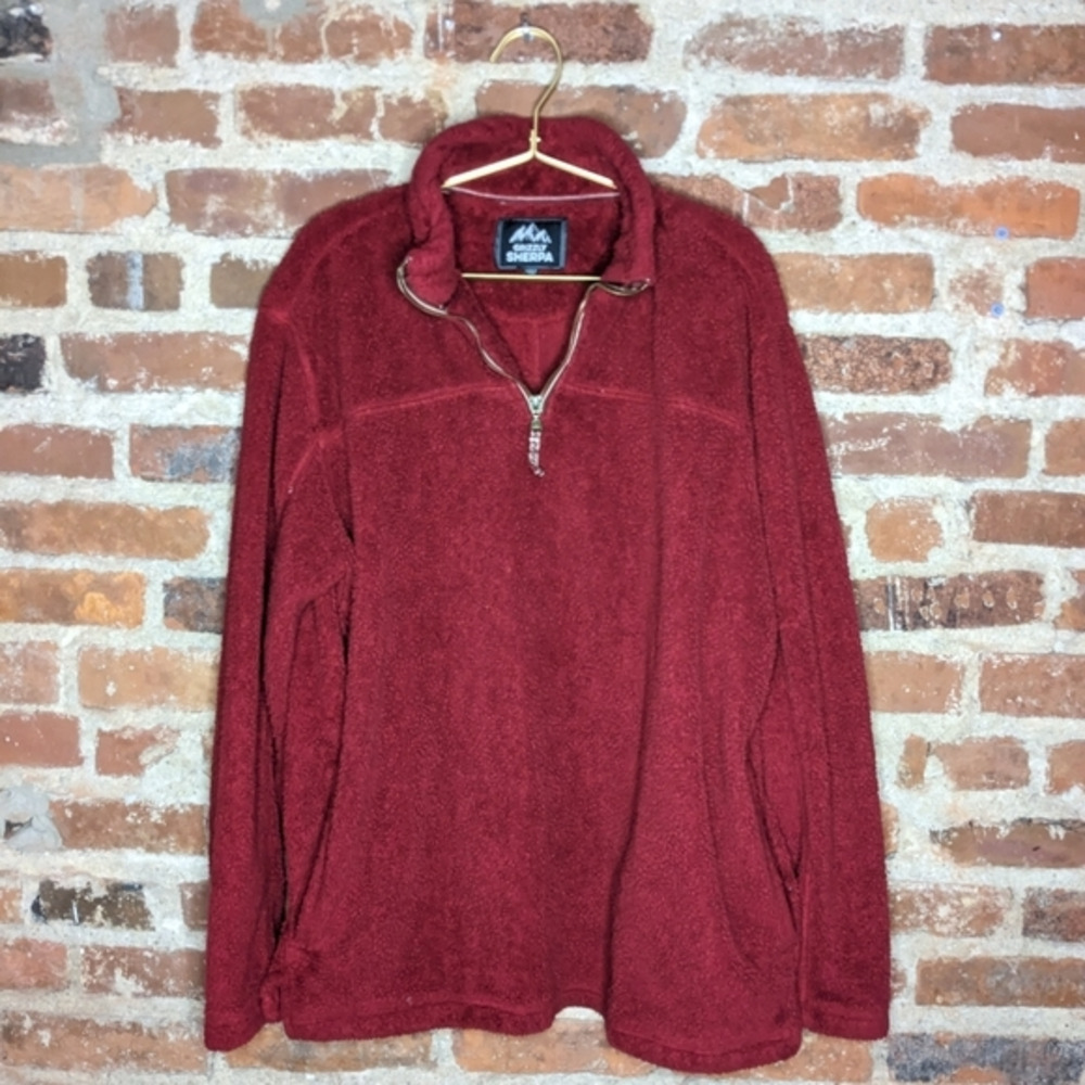 Grizzly Sherpa Large‎ Dark Red Sherpa Quarter Zip Pullover Sweater w/ Pockets